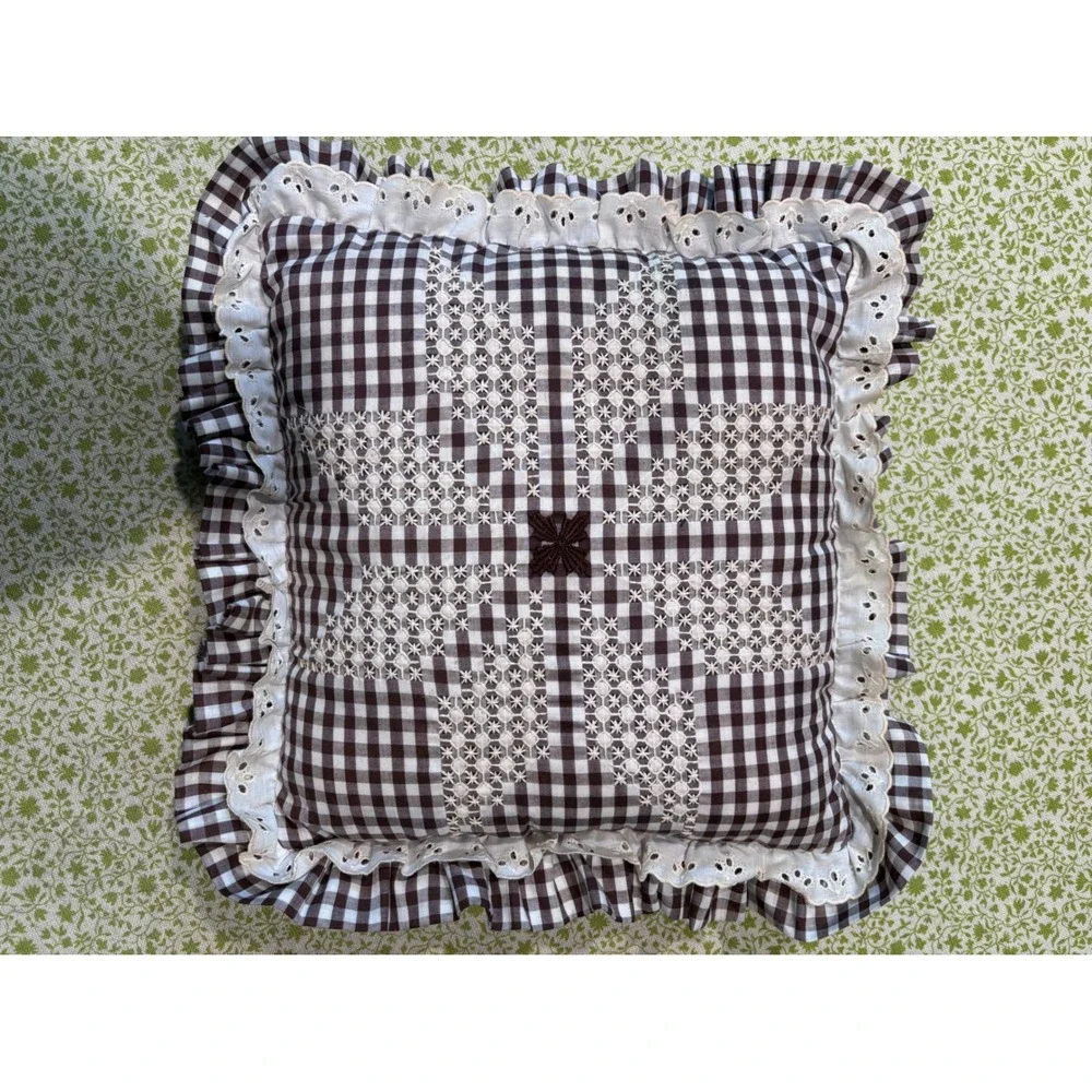 Brown Gingham Check Ruffled Throw Pillow Eyelet Lace Embroidered Star Farmhouse